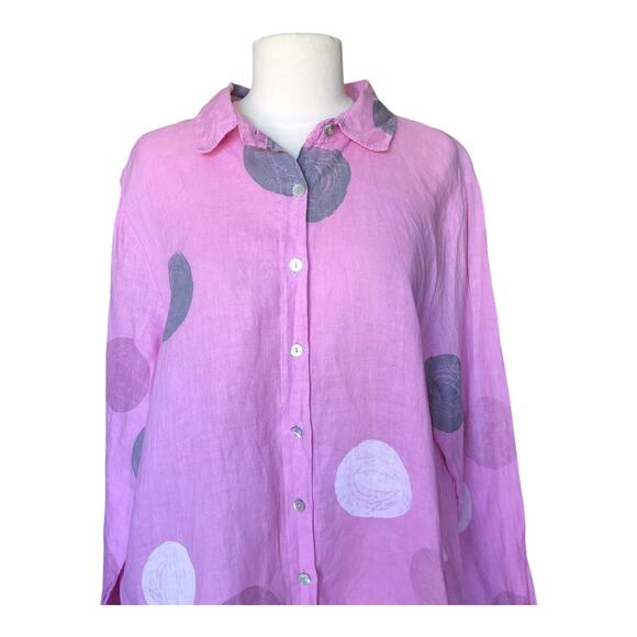 Marisima Shirt Dress Pink Polka Dot Long Sleeve Linen Blouse Women's One Size - Picture 3 of 10